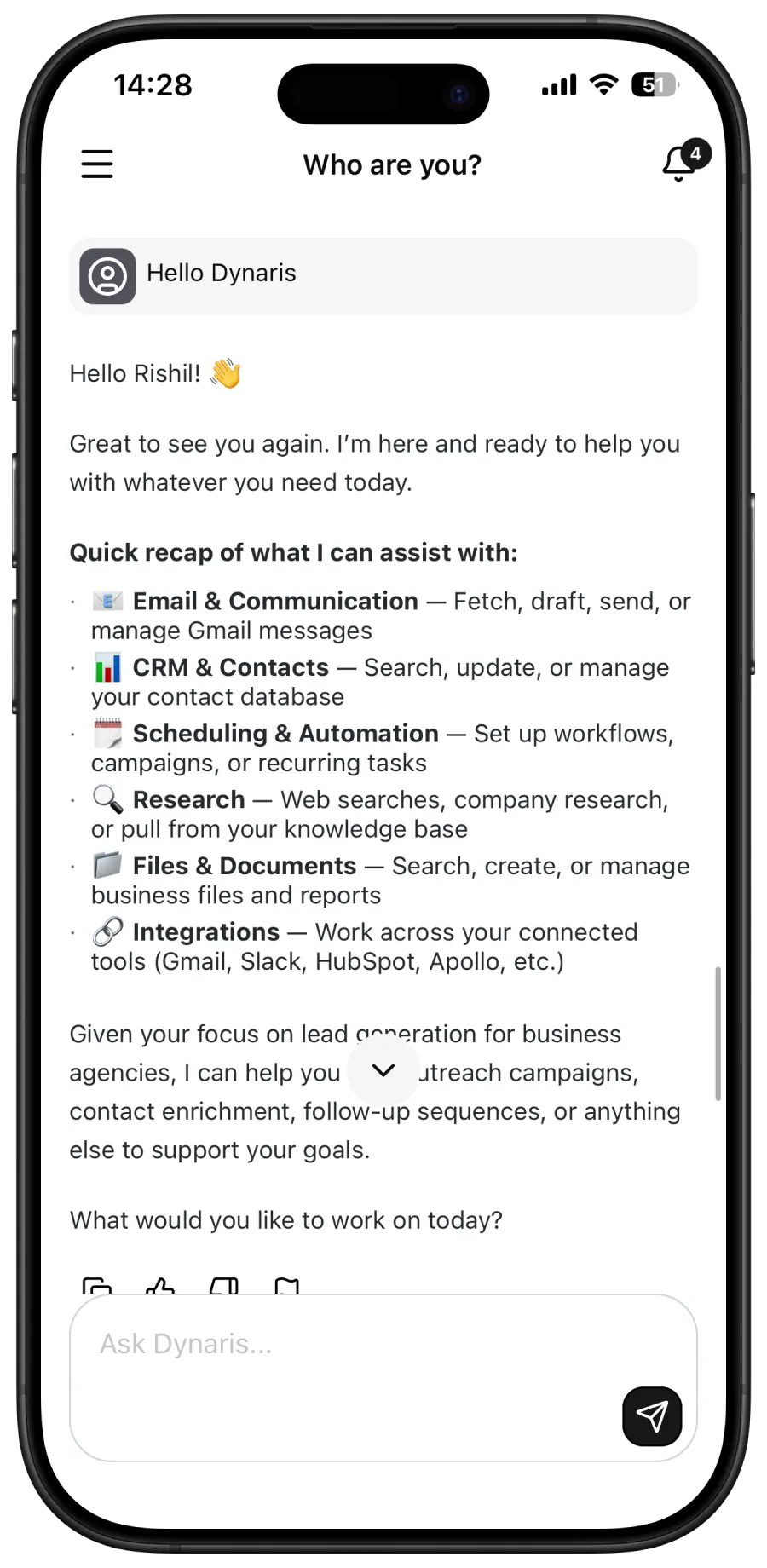 Dynaris AI email on iPhone
